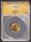 1926-P  ANACS MS65 RB, Mostly Red, Lincoln Wheat Cent Business Strike 1C