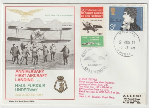 2/8/1971 UK GB Flown Cover - First Aircraft Landing on H.M.S. Furious Underway
