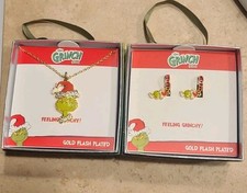 Dr. Seuss Grinch Necklace  Earrings Set Gold Flash Plated New