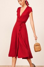 Reformation Womens Becca Midi Dress Red Wrap Dress Cap Sleeve Romantic Summer