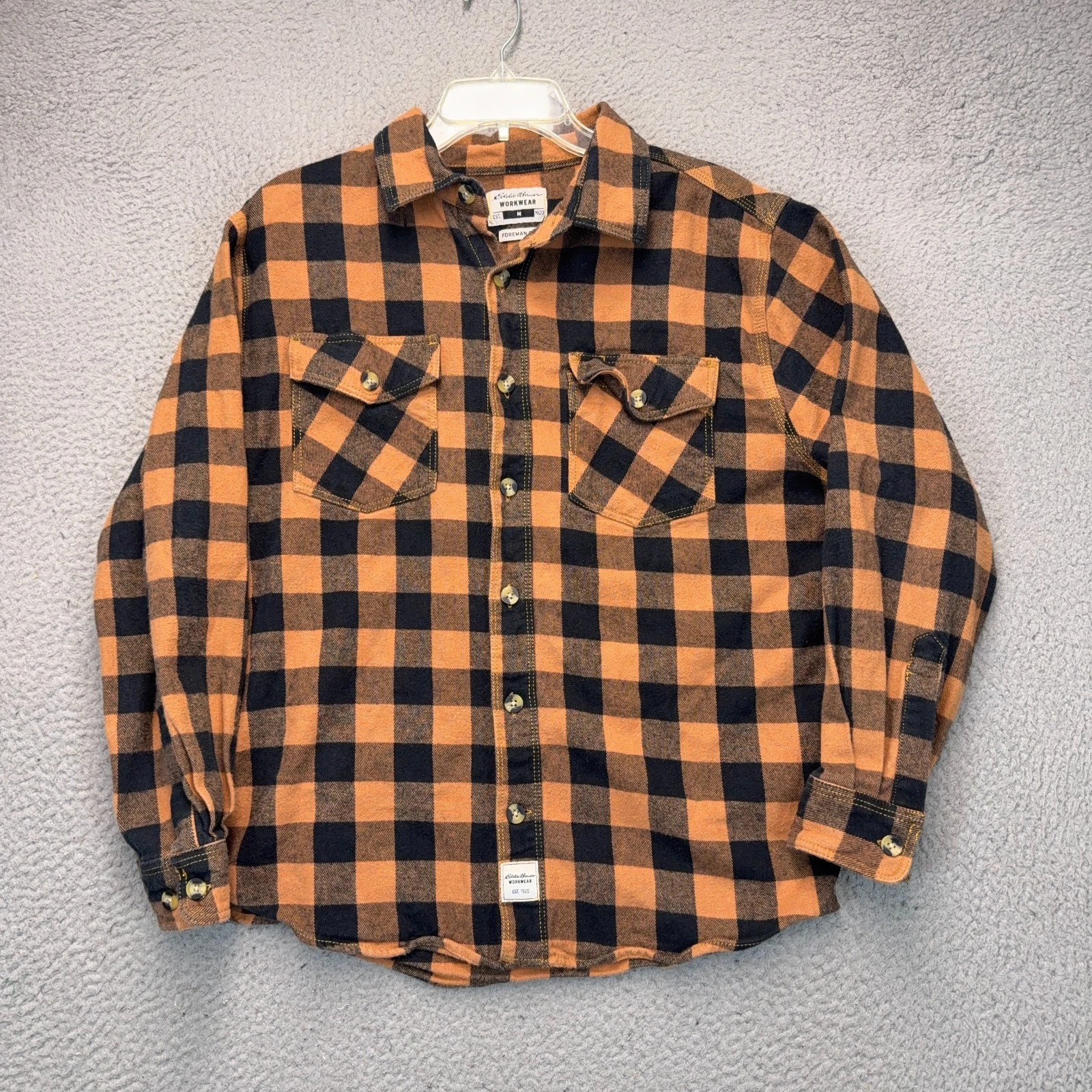 Eddie Bauer Flannel Shirt Mens Medium Orange Black Check Workwear Foreman Fit