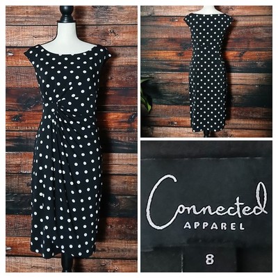 Connected Apparel Dress Size 8 Black White Polka Dot Faux Wrap Boat Neck Stretch