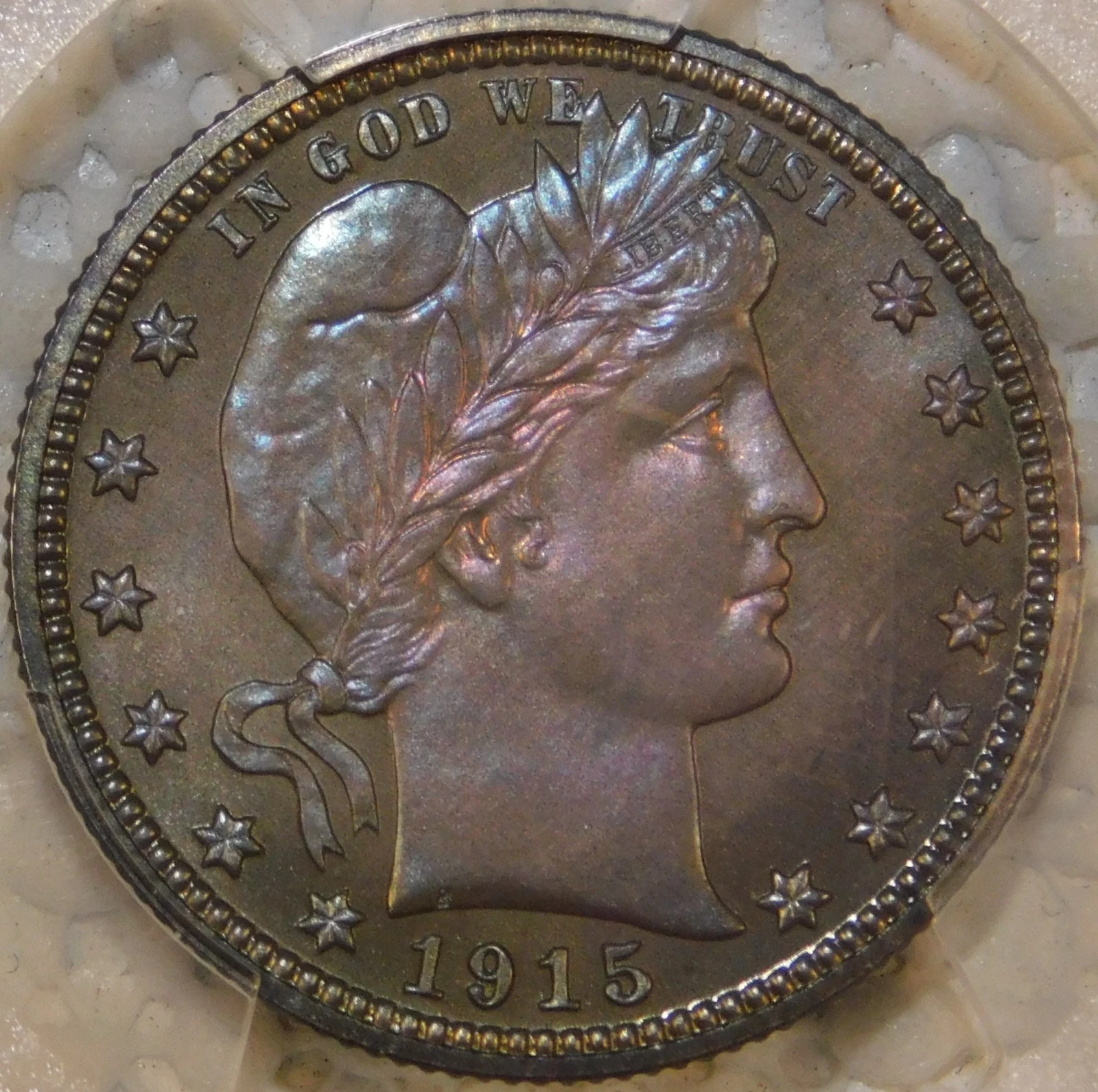 1915 Barber Quarter Dollar Silver Proof Certified PCGS PR67 Low Mintage Toned