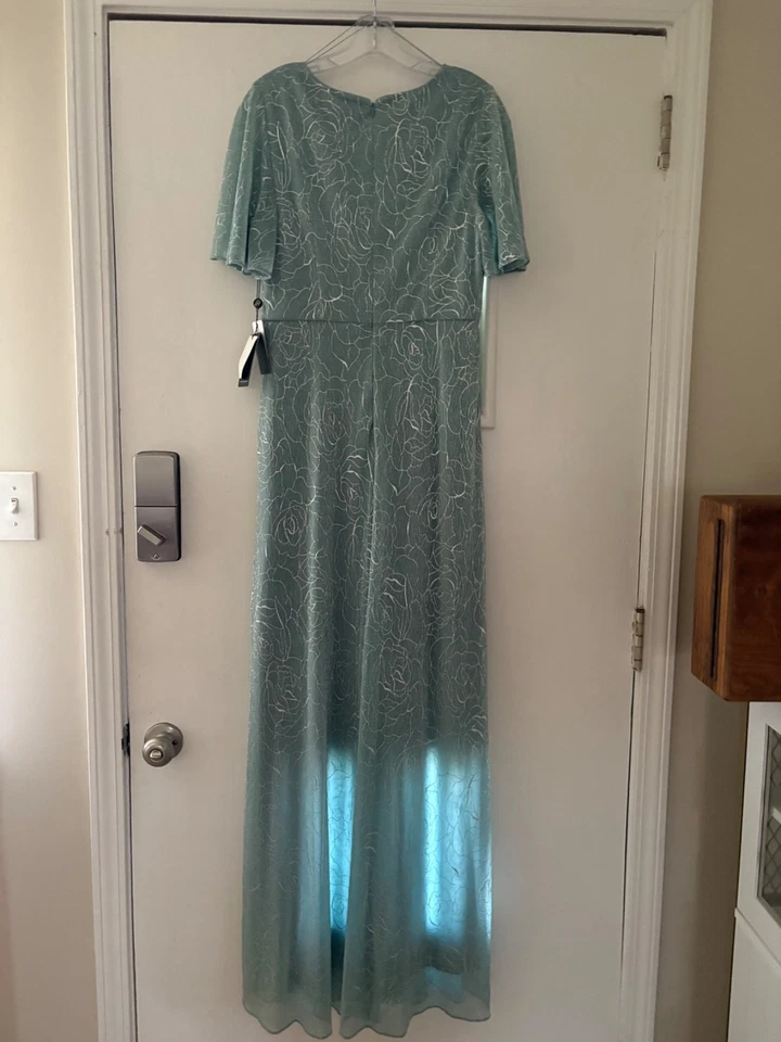 Adrianna Papell metallic mesh draped gown size 10, color Sea Glass w/front slit - Image 2 of 4