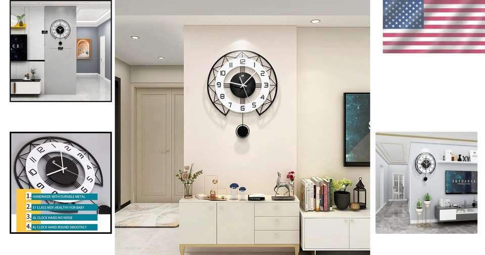 Large Battery Operated Pendulum Clock - 17" Non-Ticking Wall Art for Home - Image 2 of 4