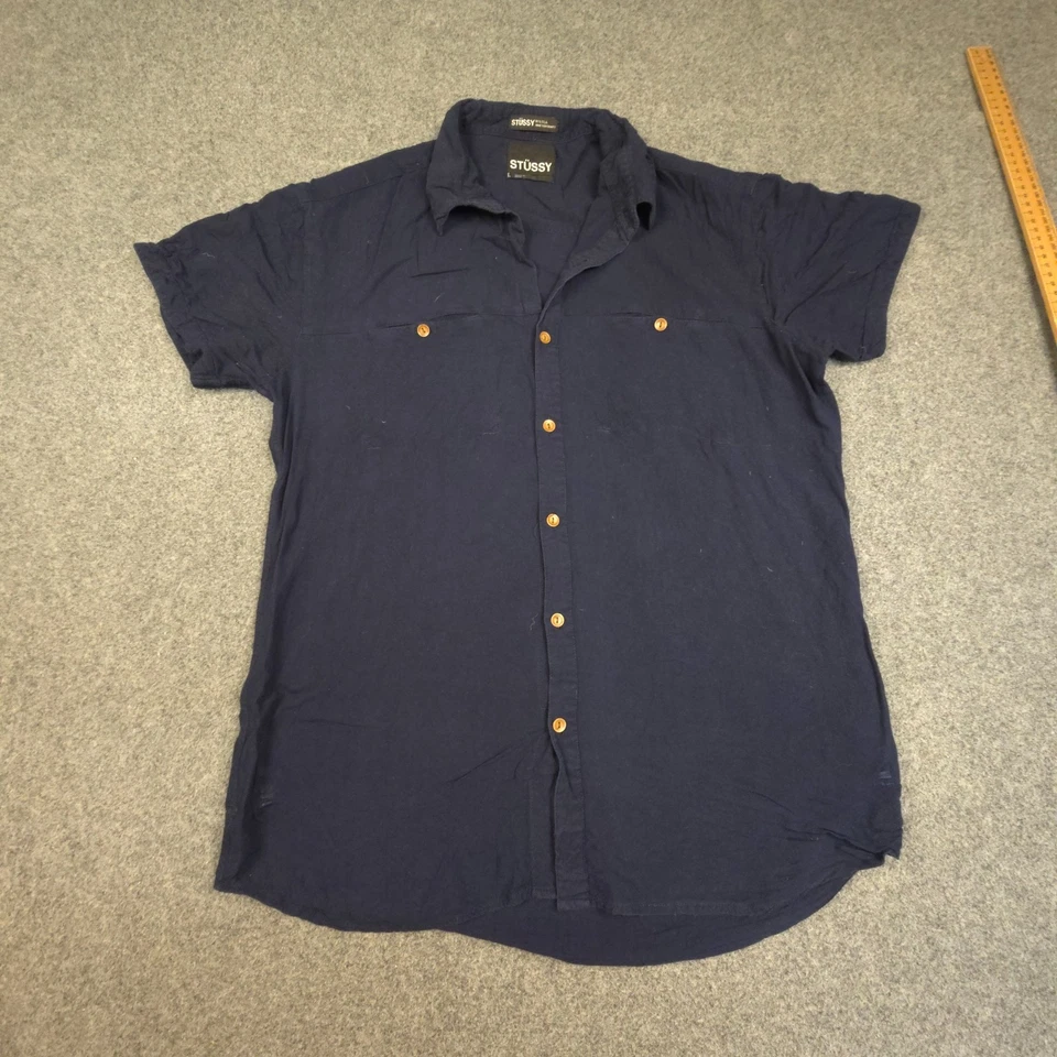 Camisa Stussy Para Hombres GRANDE Azul Manga Corta Cuello Abotonado Informal Talla L Foto 2 de 4