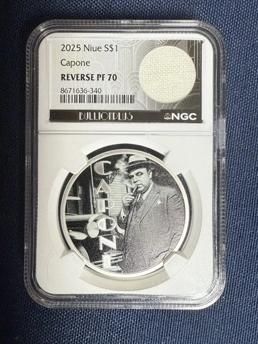 2025 Niue $1 Al Capone .999 Silver Reverse Proof NGC PF70 w/ Table Cloth Swatch