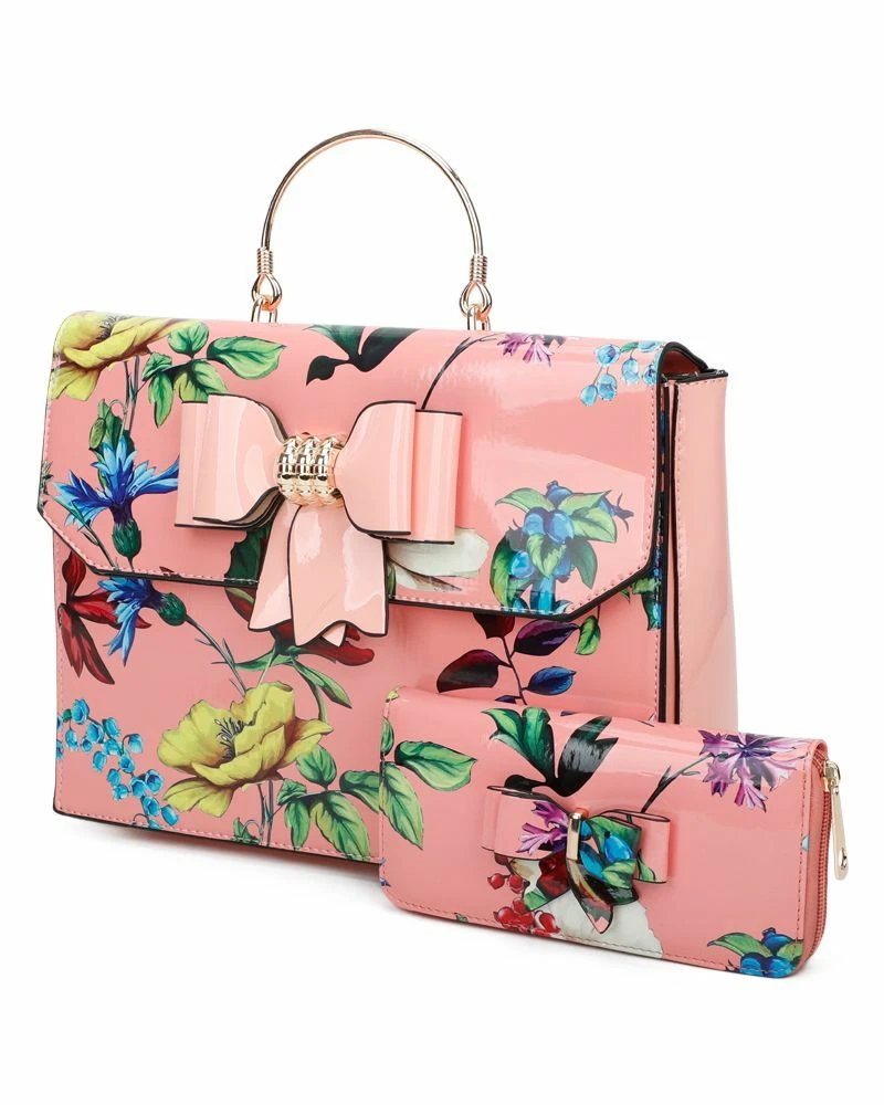Woman Ladies Girls Stylish Floral Print Patent Bow Messenger Hand Bag design New