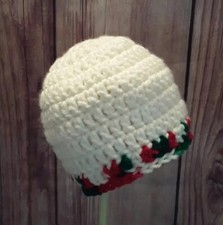 NEWBORN Preemie INFANT HAND CROCHETED CHRISTMAS BEANIE HAT CAP, RED GREEN WHITE