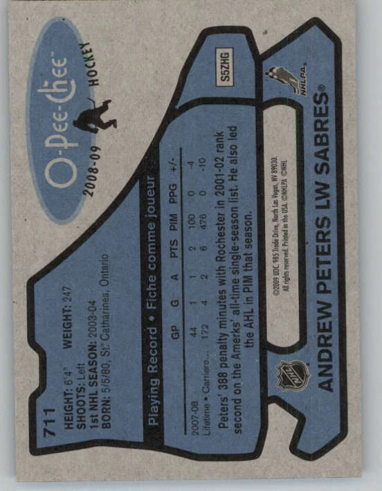 2008-09 O-Pee-Chee 1979-80 Retro #711 Andrew Peters (ref 163080) - Image 2 of 2