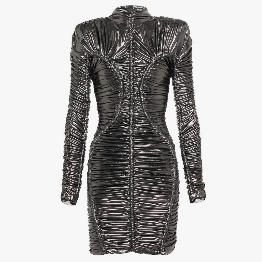 BALMAIN Metallic Stretch Jersey Ruched Mini Dress Long Sleeve Mock Neck F36  XS-S | eBay