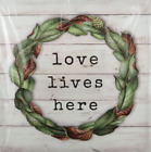Stretched Canvas Wall Art - Love Lives Here- Green Leaf Wreath -  9" x 9"