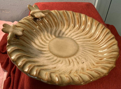 VTG Studio Art Pottery Dish-w/3D Dragonflies-Brown/Green Glaze-9.25'' D-Handmade