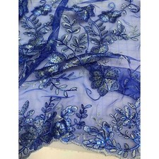 Royal Blue  Silver Floral Sequin Embroidered Tulle Lace Fabric