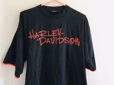 Vtg 90's Black/Orange Thick Sleeve Harley Davidson Holoubek Tag