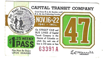Capital Transit Weekly Pass - 1941 week # 47, Community Chest | eBay