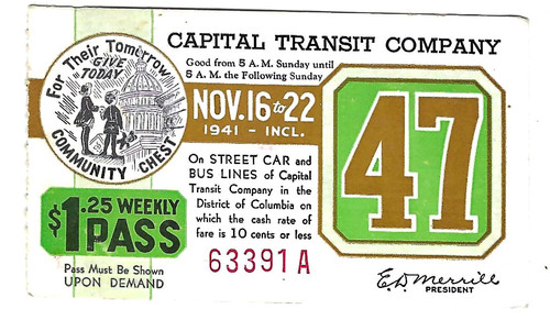 Capital Transit Weekly Pass - 1941 week # 47, Community Chest