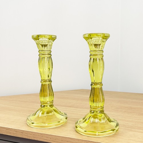 Candle Holders Set of 2 Green Glass Vintage Large 8" Tapered Stick Wedding Table - Picture 3 of 5