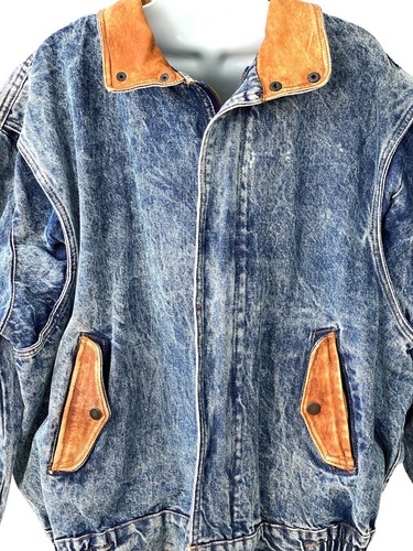 Vintage 90s Mens Denim Jacket Leather Trim Jean Large Trucker Bomber Retro VTG L - Picture 3 of 10