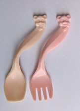 Tommee Tippee "Eat-Ezy" Vintage Baby Spoon Fork Pink Plastic Bear 1950s? 1960s?