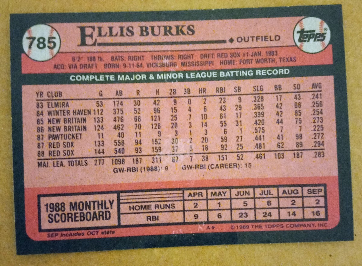 85   スティーブンステイルバーグ 1989 Topps ELLIS BURKS Baseball Card #785. BOSTON RED SOX