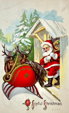 Santa Loads Reindeer Driven Sleigh with Toys Embossed Joyful Christmas Postcard