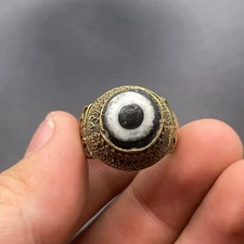Near Eastern Ancient Gabree Eye Mosaic Glass Old Bronze Authentic Ring