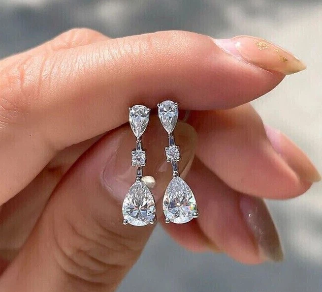Beautiful 2.00 Ct Pear Cut Diamond Drop & Dangle Earrings 14k White Gold Finish - Image 4 of 4