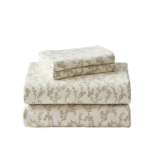 Bed Sheet Set Full Size Victoria 4-Piece Beige Floral Soft Flannel Cotton