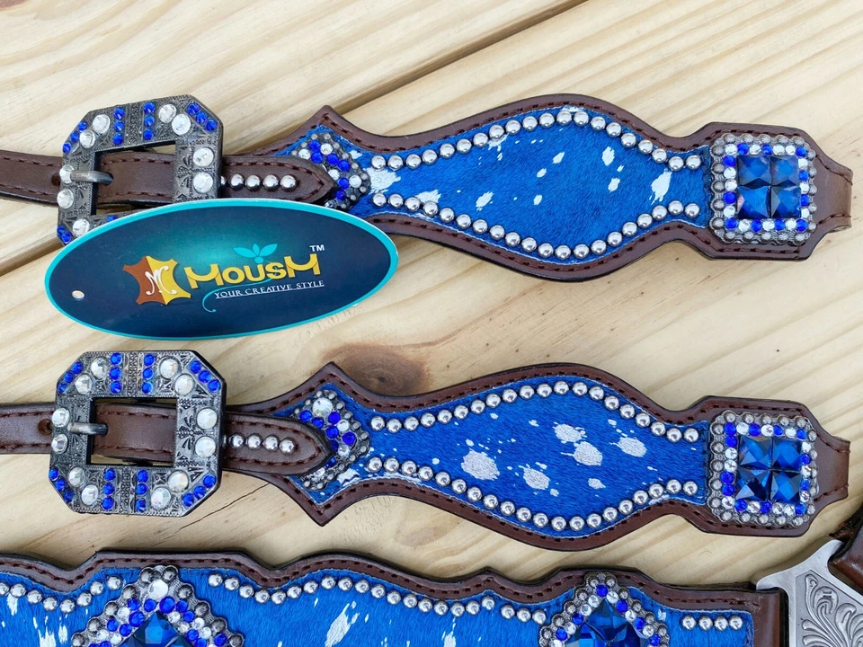 MOUSM Western Leather Headstall and Breast Collar Tack Set for Horse -Royal Blue - Image 3 of 4