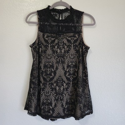 Fortune + Ivy Black Lace Ruffle Blouse Sleeveless Dark Coquette Goth Victorian M