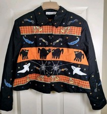 Chaqueta bordada de Halloween de colección años 90 XL túnica negra gato fantasma hombreras