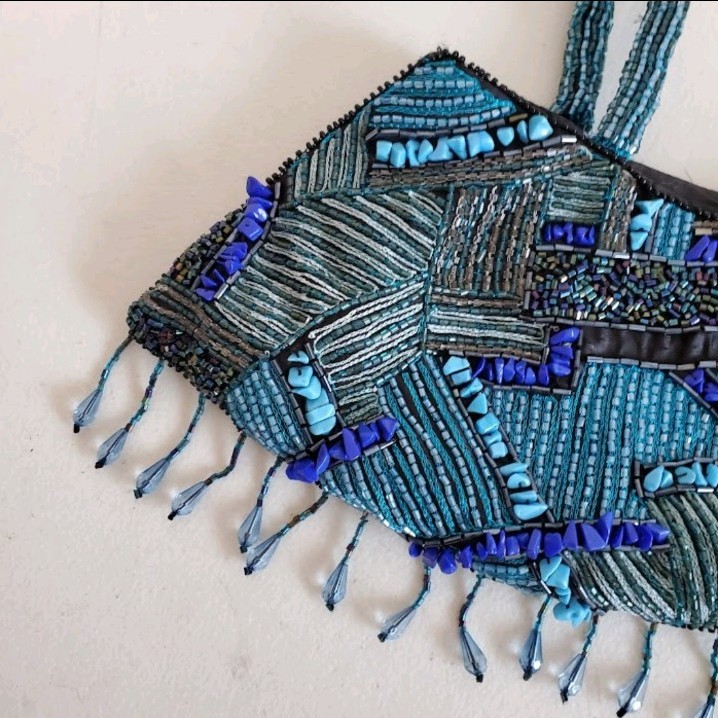 Vtg Blue Turquoise Beaded Patchwork Festival Frin… - image 2
