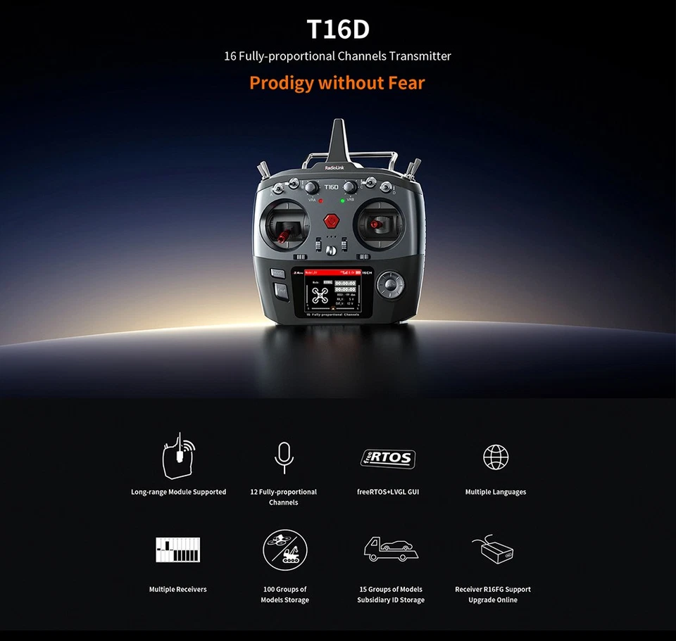 RadioLink T16D 16CH RC Transmitter 2.4G R16F Receiver for RC Car Boat Drone - Image 2 of 4