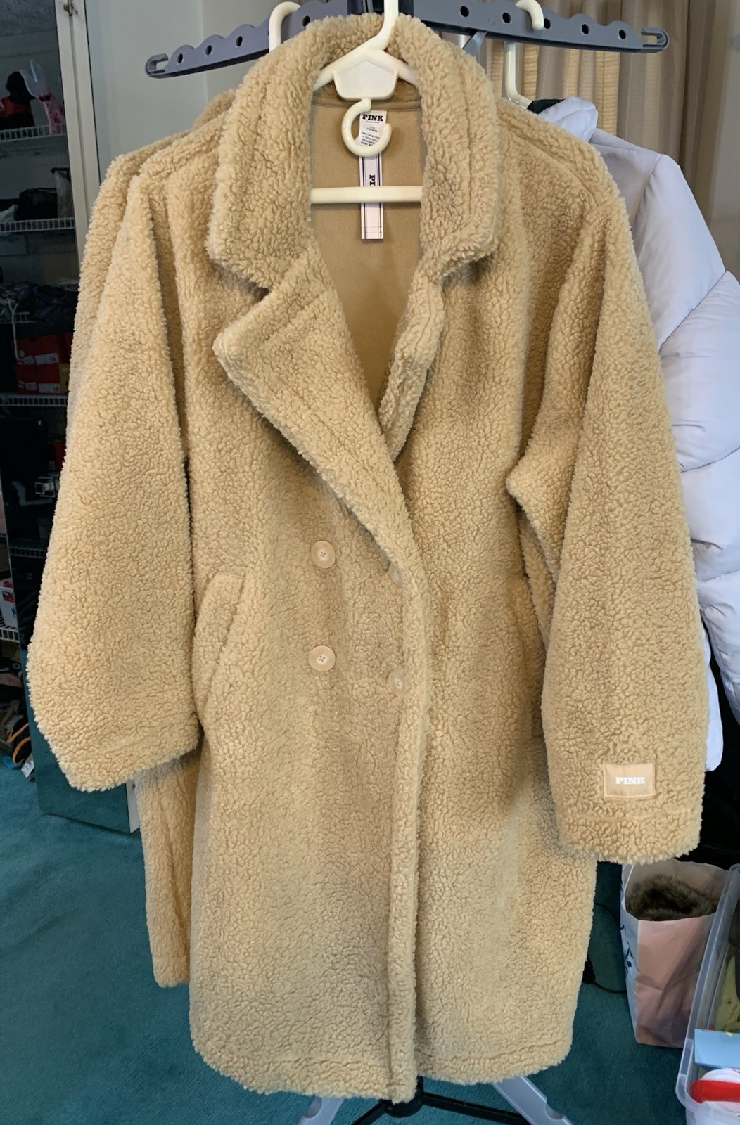 NWT Victoria’s Secret Pink Warm Plush Teddy Fleece Long Winter Coat Taupe XS