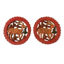 Hand Painted Wooden Deer Trivets Decor Set Of 2
