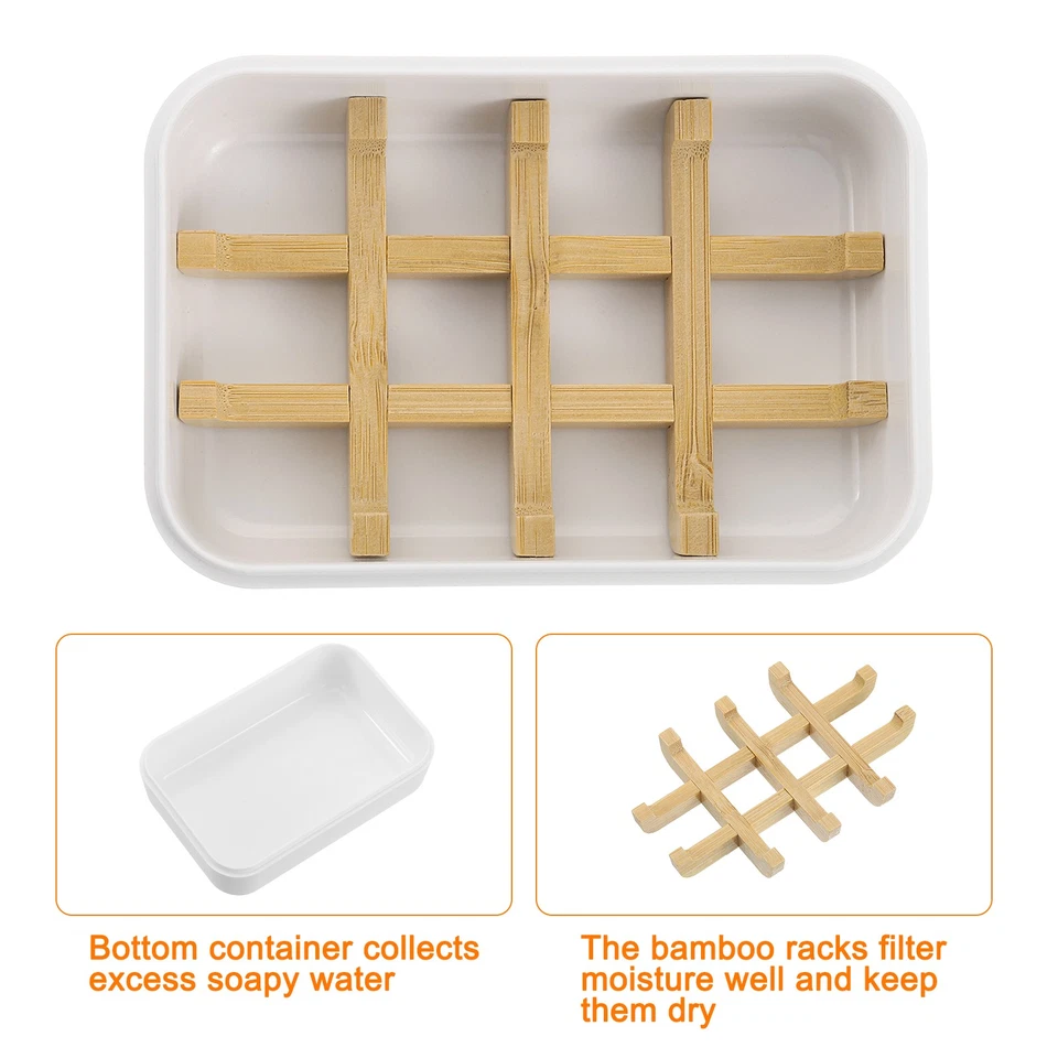 Soporte de jabón de madera caja de jabón autodrenante bandeja de barra de jabón de madera blanca 2 piezas Foto 3 de 4