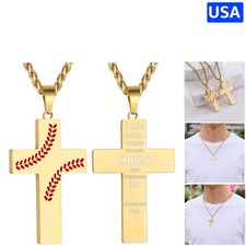Inspirational Baseball Cross Necklace for Boys   24 Inch Stainless Steel Charm