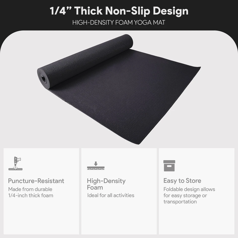 Fitvids 1/4” High Density Thick Non Slip Workout Yoga Mat and Carry Strap, Black - Image 2 of 4