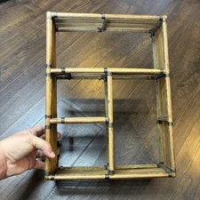 Vintage Small Curio Display Shelf, Rattan Torched Burnt Bamboo Wall Hanging MCM