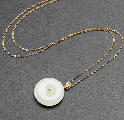 Zertifizierte natürliche weiße HeTian Jade Intarsien 18K Gold Münze Kreis Anhänger Halskette - Bild 5 von 15