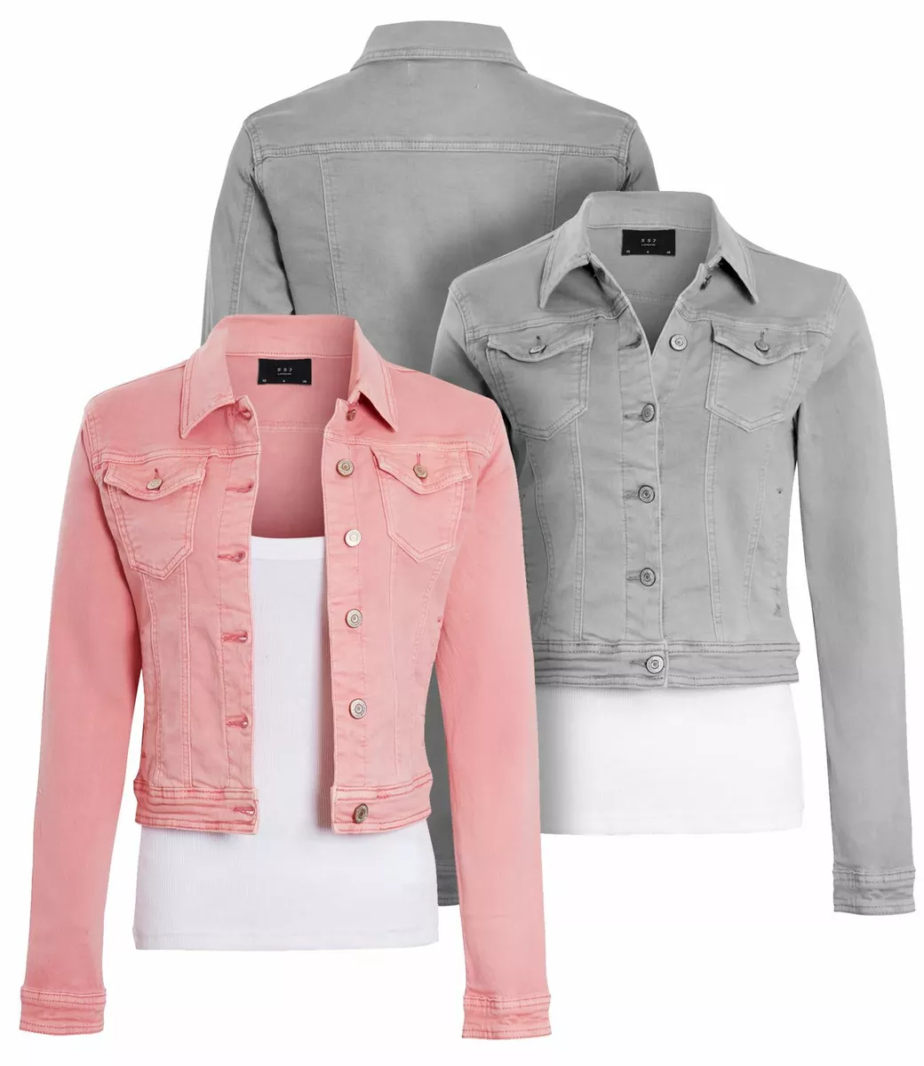 Womens Size 14 12 10 8 6 Stretch Denim Jacket Ladies Jean Jackets Pink Grey