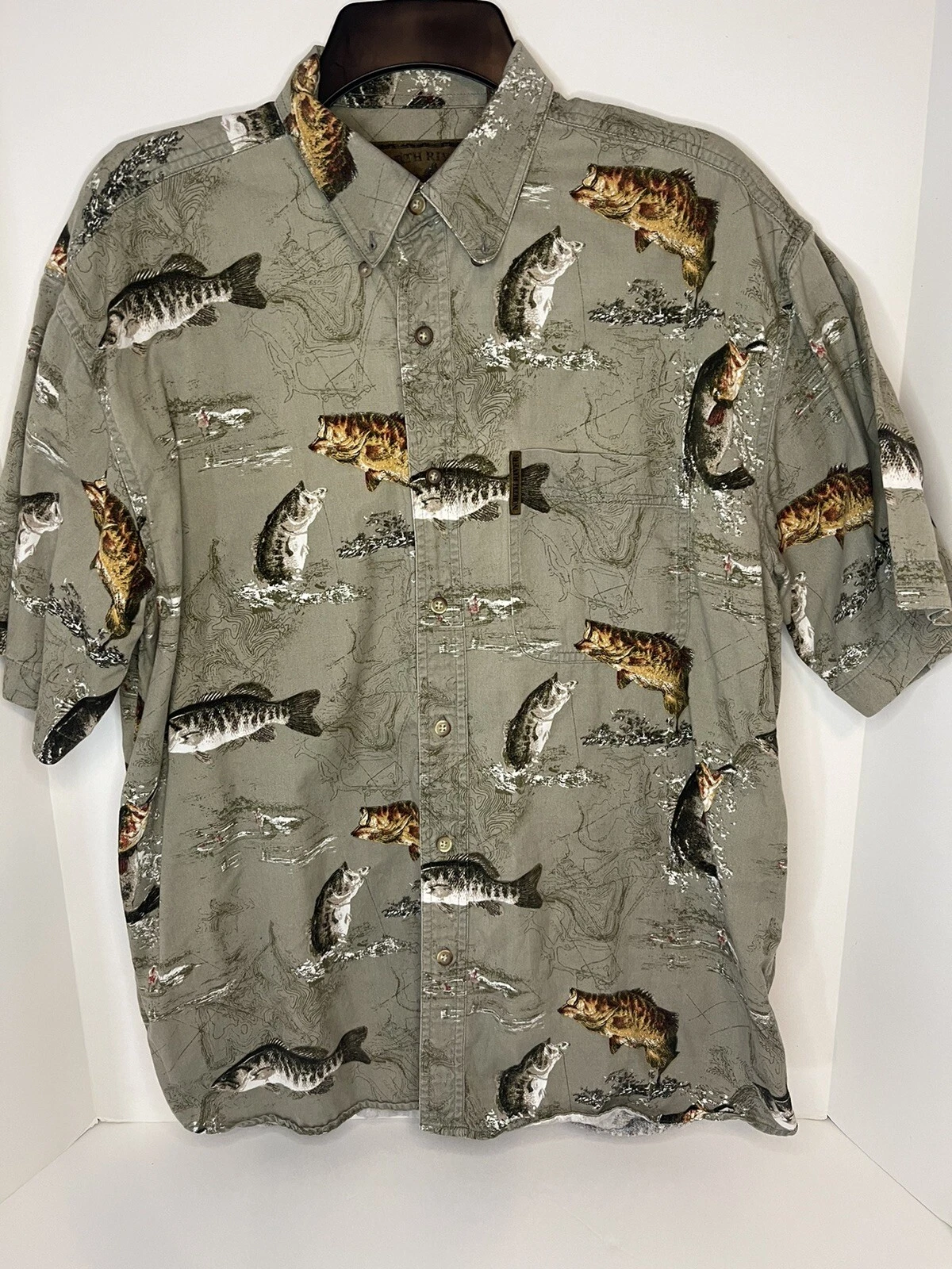 Men's North River Green Fish Shirt Short Sleeve Size M Preowned