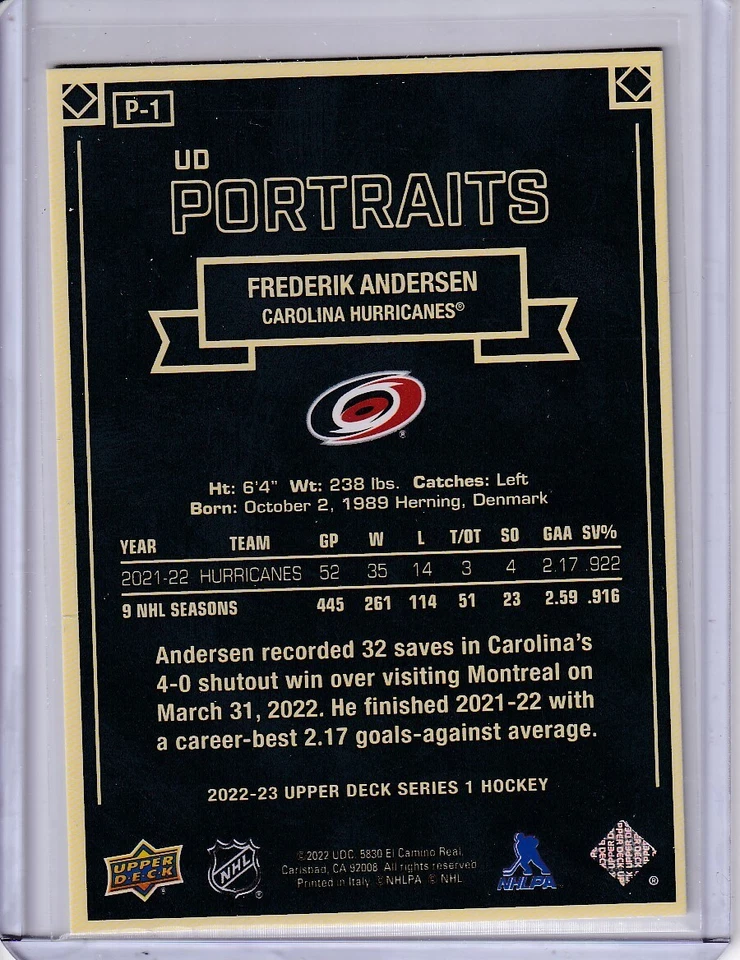 Frederik Andersen, Carolina Hurricanes 2022-23 Series 1 UD Portraits #P-1 - Image 2 of 2