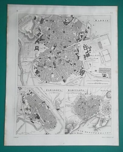 1844 ORIGINAL MAP -  Madrid Barcelona Zaragoza Spain City Plans - Picture 1 of 3