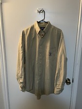 Ralph Lauren Tilden Men Beige Golf Club Crest Logo Button Down; Made in USA; L
