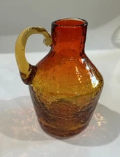 antique crackle glass pitcher vase Orange Fading To amber With Amber Handle