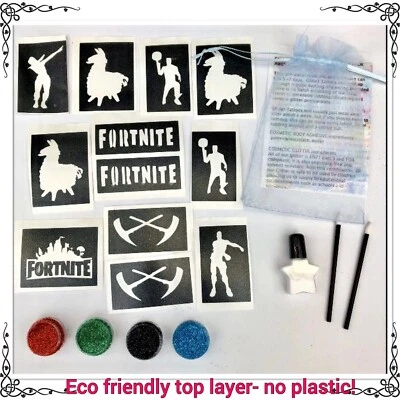 THE UNIQUE LITTLE GIFT SHOP LTD GLITTER TATTOO KIT FortNite Fort Night 12 stencils 4 glitter glue brushes