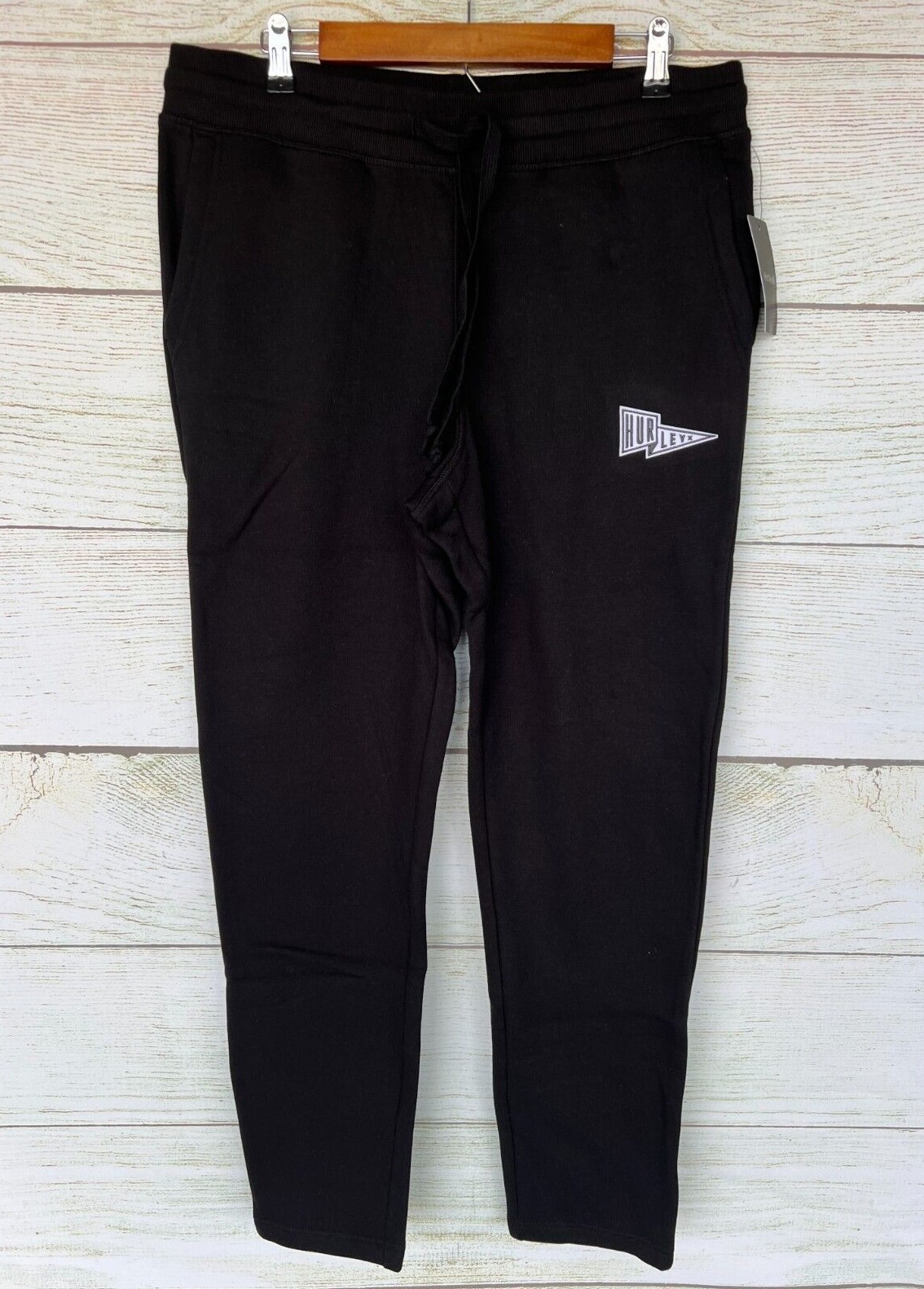 Hurley Jogger Pants Mens Large Black Tapered Leg Flag Fleece Jogger New