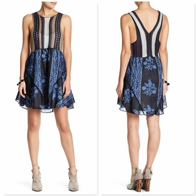 Free People Boho Katies Mini Dress M Medium Crochet-Bodice Blue Combo NWT $168